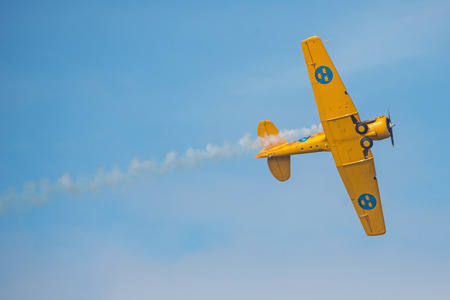 OREBRO, SWEDEN - SEP 2, 2017: Two SK 16 in a dogfight in the airshow at Orebro airport. Historic airoplanesのeditorial素材