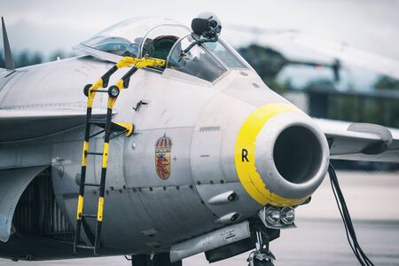 OREBRO, SWEDEN - SEP 2, 2017: J 29 Tunnan on the ground in the airshow at Orebro airport. Historic airoplanesのeditorial素材