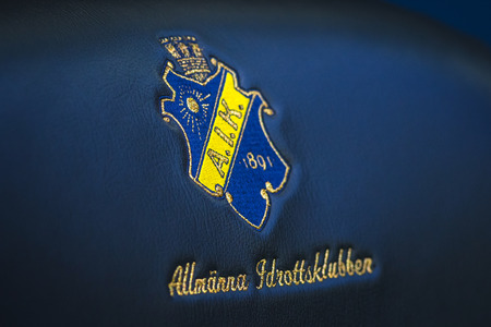 SOLNA, SWEDEN - AUG 27, 2017: AIK emblems on the player chairs at the soccer derby between AIK and DIF in Allsvenskan. Final result 1-1のeditorial素材