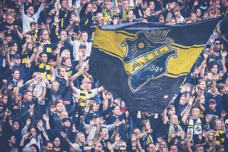 SOLNA, SWEDEN - AUG 27, 2017: AIK fans at the soccer derby between AIK and DIF in Allsvenskan. Final result 1-1のeditorial素材