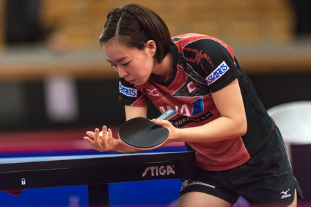 STOCKHOLM, SWEDEN - NOV 17, 2017: Kasumi Ishikawa (Japan) against Gu Yuting (China) at the table tennis tournament SOC at the arena Eriksdalshallen in Stockholm.のeditorial素材