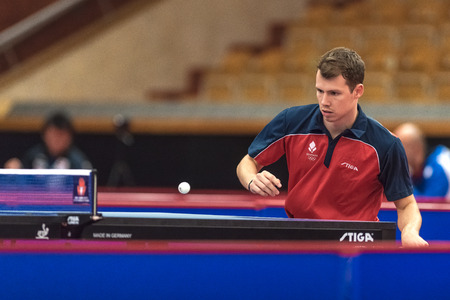 STOCKHOLM, SWEDEN - NOV 17, 2017: Jonathan Groth (Denmark) against Kenta Matsudaira (Japan) at the table tennis tournament SOC at the arena Eriksdalshallen in Stockholm.のeditorial素材