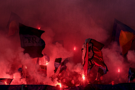 SOLNA, SWEDEN, MARCH, 18, 2018: Djurgarden tifo before the derby soccer game between AIK and Djurgarden in Svenska Cupen (Swedish Cup). Match delay due to smoke and low visibility 1hr.のeditorial素材