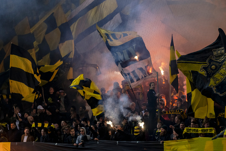 SOLNA, SWEDEN, MARCH, 18, 2018: AIK tifo before the derby soccer game between AIK and Djurgarden in Svenska Cupen (Swedish Cup). Match delay due to smoke and low visibility 1hr.のeditorial素材
