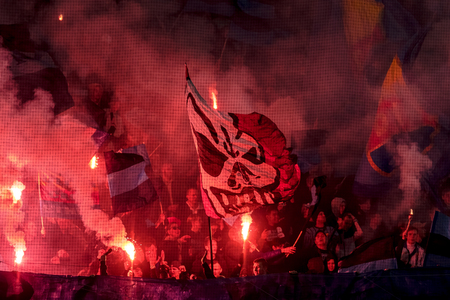 SOLNA, SWEDEN, MARCH, 18, 2018: Djurgarden tifo before the derby soccer game between AIK and...