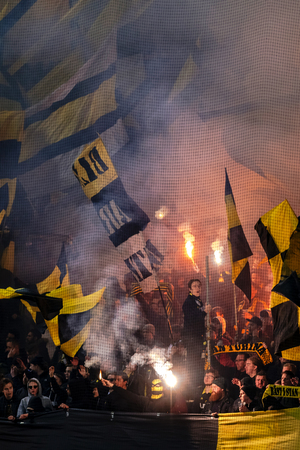 SOLNA, SWEDEN, MARCH, 18, 2018: AIK tifo before the derby soccer game between AIK and Djurgarden in Svenska Cupen (Swedish Cup). Match delay due to smoke and low visibility 1hr.のeditorial素材