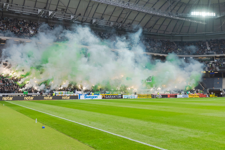 SOLNA, SWEDEN, SEPT 23, 2018: Derby between AIK and Hammarby in the swedish Allsvenskan. Both teams in top, AIK won with 1-0のeditorial素材