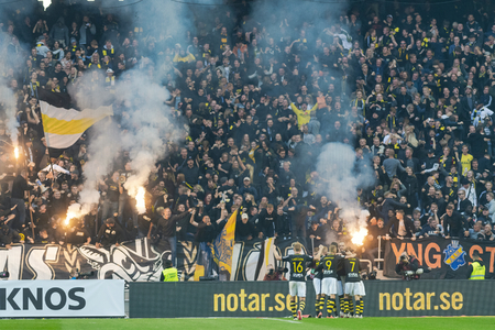 SOLNA, SWEDEN, SEPT 23, 2018: Derby between AIK and Hammarby in the swedish Allsvenskan. Both teams...
