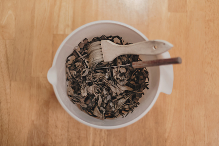 Dryed black trumpet chantarelles prepared for conservation. Swedenの写真素材