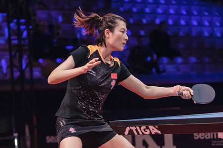 STOCKHOLM, SWEDEN - NOV 3,, 2018: Kasumi Ischikawa (JPN) vs Ning Ding (CHI) at the table tennis tournament SOC at the arena Eriksdalshallen in Stockholm.のeditorial素材