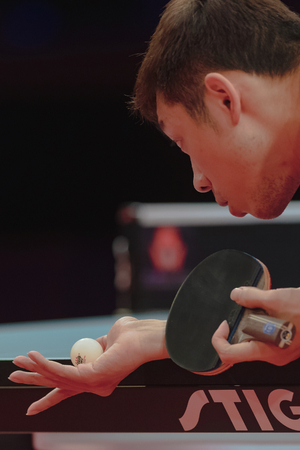 STOCKHOLM, SWEDEN - NOV 4, 2018: Finals between Fan Zhendong and Xu Xin (CHN) at the table tennis...