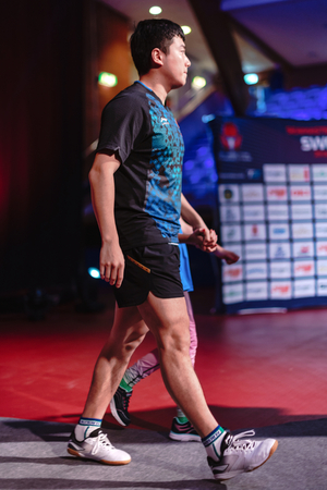 STOCKHOLM, SWEDEN - NOV 3, 2018: Zhendong Fan (CHI) vs Jingkun Liang (CHI) at the table tennis tournament SOC at the arena Eriksdalshallen in Stockholm.のeditorial素材