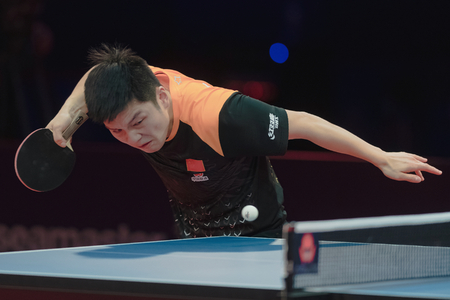STOCKHOLM, SWEDEN - NOV 4, 2018: Finals between Fan Zhendong and Xu Xin (CHN) at the table tennis tournament SOC at the arena Eriksdalshallen in Stockholm. Fan Zhendong the winnerのeditorial素材