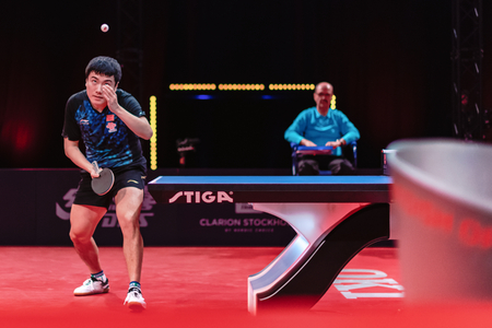 STOCKHOLM, SWEDEN - NOV 3, 2018: Zhendong Fan (CHI) vs Jingkun Liang (CHI) at the table tennis tournament SOC at the arena Eriksdalshallen in Stockholm.のeditorial素材