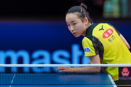 STOCKHOLM, SWEDEN - NOV 4, 2018: Woman finals between the winner Mima Ito (JPN ) vs Yuling Zhu (CHI) at  the table tennis tournament SOC at the arena Eriksdalshallen in Stockholm. Mima Ito the winnerのeditorial素材