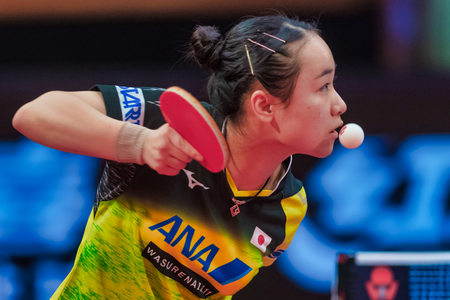 STOCKHOLM, SWEDEN - NOV 4, 2018: Woman finals between the winner Mima Ito (JPN ) vs Yuling Zhu (CHI) at  the table tennis tournament SOC at the arena Eriksdalshallen in Stockholm. Mima Ito the winnerのeditorial素材