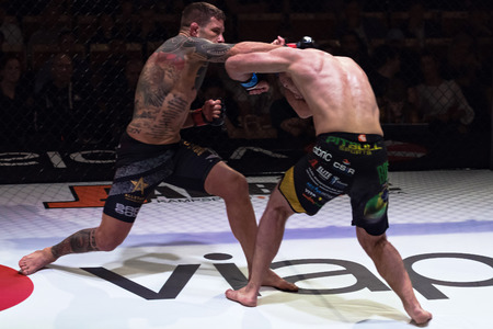 ALVSJO, SWEDEN - DEC 1, 2018: Title bout between David Bielkheden (SWE) vs Marcin Bandel (POL) at the Superior Challenge 18. Bielkeden won18. Bielkeden wonのeditorial素材