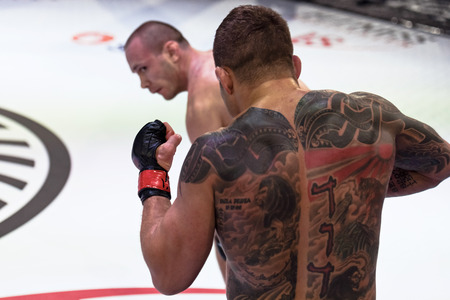 ALVSJO, SWEDEN - DEC 1, 2018: Title bout between David Bielkheden (SWE) vs Marcin Bandel (POL) at the Superior Challenge 18. Bielkeden won18. Bielkeden wonのeditorial素材