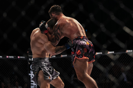 STOCKHOLM, SWEDEN, MAY 11, 2019: Superior challenge 19 title bout between Diego Nunes (BRA) and Simon Skold (SWE). Nunes won by submission.のeditorial素材