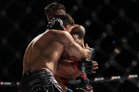 STOCKHOLM, SWEDEN, MAY 11, 2019: Superior challenge 19 title bout between Diego Nunes (BRA) and Simon Skold (SWE). Nunes won by submission.のeditorial素材