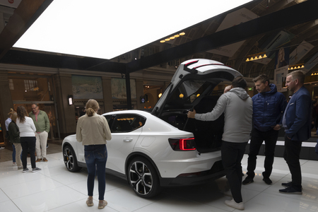 STOCKHOLM, SWEDEN, JUNE 1, 2019: Polestar 2 showroom at the public transport hub Centralen in...