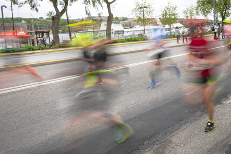 STOCKHOLM, SWEDEN, JUNE 1, 2019: Stockholm Marathon in grey weather and some rainfall.のeditorial素材