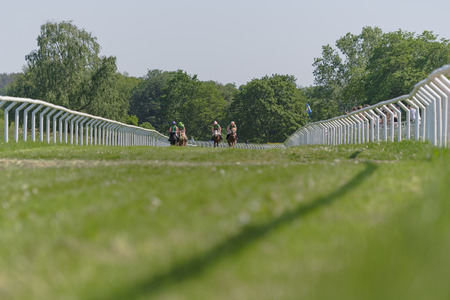 STOCKHOLM, SWEDEN - JUNE 6, 2019: Ponnyracing during sunny weather at Nationaldagsgaloppen at...