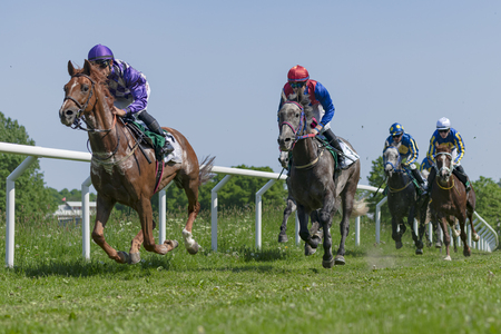 STOCKHOLM, SWEDEN - JUNE 6, 2019: Horseracing during sunny weather at Nationaldagsgaloppen at Gardet, Stockholm.のeditorial素材
