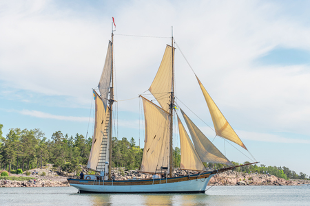 GRISSLEHAMN, SWEDEN - JUN 15, 2019: Galea Albanus out of the Grisslehamn harbor during summer with full sails. Education and a tall ships race participant.のeditorial素材