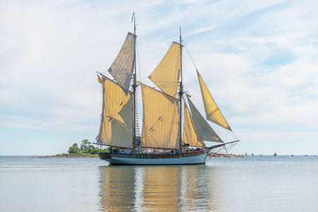 GRISSLEHAMN, SWEDEN - JUN 15, 2019: Galea Albanus out of the Grisslehamn harbor during summer with full sails. Education and a tall ships race participant.のeditorial素材