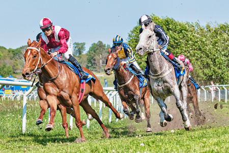 STOCKHOLM, SWEDEN - JUNE 6, 2019: Horseracing during sunny weather at Nationaldagsgaloppen at Gardet, Stockholm.のeditorial素材