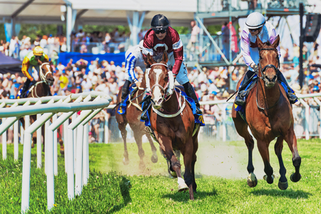STOCKHOLM, SWEDEN - JUNE 6, 2019: Horseracing during sunny weather at Nationaldagsgaloppen at Gardet, Stockholm.のeditorial素材