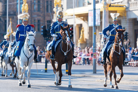 STOCKHOLM, SWEDEN - JUNE 6, 2019: Mounted guards before the Royal carriages during the national day of Sweden, June 6th.のeditorial素材