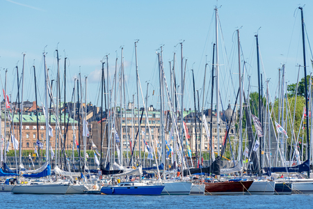 STOCKHOLM, SWEDEN 29 JUNE, 2019. Sailing competition Gotland Runt with the boats moored at Skeppsholmen. Waiting for the start from Stockholmのeditorial素材