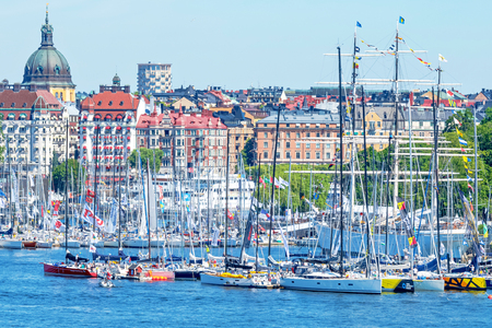 STOCKHOLM, SWEDEN 29 JUNE, 2019. Sailing competition Gotland Runt with the boats moored at Skeppsholmen. Waiting for the start from Stockholmのeditorial素材
