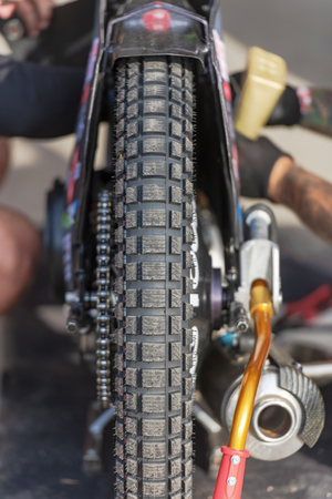 HALLSTAVIK, SWEDEN, JULY 6, 2019: The pitstop area at the Speedway GP in Hallstavik and HZ Bygg Arena.のeditorial素材