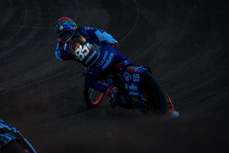 HALLSTAVIK, SWEDEN, JULY 6, 2019: Winner Emil Sayfutdinov (RUS) Speedway GP in Hallstavik and HZ Bygg Arena.のeditorial素材