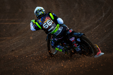 HALLSTAVIK, SWEDEN, JULY 6, 2019: Fredrik Lindgren (SWE) at the Speedway GP in Hallstavik and HZ Bygg Arena.のeditorial素材