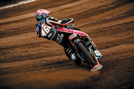 HALLSTAVIK, SWEDEN, JULY 6, 2019: Max Fricke (AUS) in closeup in a curve at Speedway GP in Hallstavik and HZ Bygg Arena.のeditorial素材