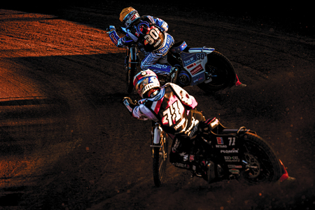 HALLSTAVIK, SWEDEN, JULY 6, 2019: Maciej Janowski (POL) chasing Leon Madsen (DEN) at the Speedway GP in Hallstavik and HZ Bygg Arena.のeditorial素材