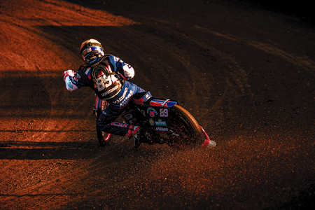 HALLSTAVIK, SWEDEN, JULY 6, 2019: Emil Sayfutidinov (RUS) winner of the Speedway GP in Hallstavik and HZ Bygg Arena.のeditorial素材