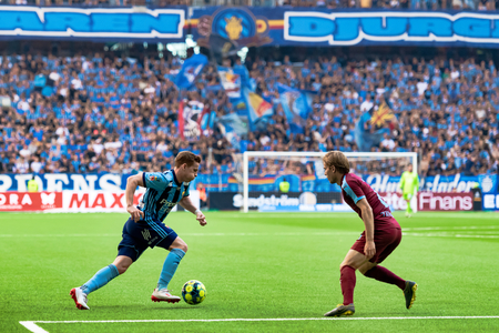 STOCKHOLM, SWEDEN, JULY 14, 2019: Soccer game between DIF and MFF at Tele2 Arena. Match ended 1-1のeditorial素材
