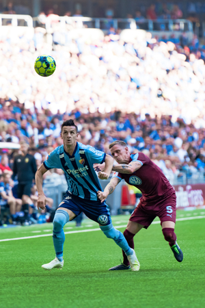 STOCKHOLM, SWEDEN, JULY 14, 2019: Soccer game between DIF and MFF at Tele2 Arena. Match ended 1-1のeditorial素材
