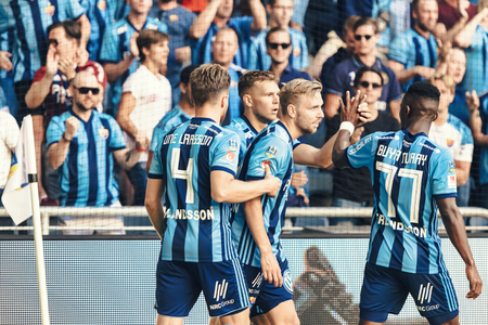 STOCKHOLM, SWEDEN, JULY 14, 2019: Jesper Karlstrom (DIF) scores the equalizer between DIF and MFF at Tele2 Arena. Match ended 1-1のeditorial素材