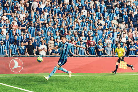 STOCKHOLM, SWEDEN, JULY 14, 2019: Haris Radetinac (DIF) in action at the soccer game between DIF and MFF at Tele2 Arena. Match ended 1-1のeditorial素材