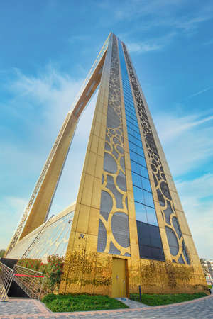 DUBAI, UAE - JAN 23, 2019: The Dubai Frame in an extreme wide angle from below with a different perspective.のeditorial素材