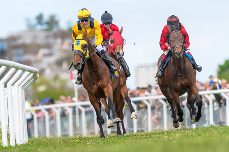 STOCKHOLM, SWEDEN - JUNE 6, 2022: Racing horses with jockeys into the first curve at the Nationaldagsgaloppen in Stockholm.のeditorial素材