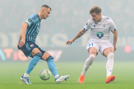 STOCKHOLM, SWEDEN - MAR 16 2023: Djurgardens IF (DIF) vs KSS Lech Poznan in the UEFA Europe Conference league at Tele2 arena in Stockholm. Final result 0-3のeditorial素材