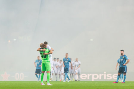 STOCKHOLM, SWEDEN - MAR 16 2023: Djurgardens IF (DIF) vs KSS Lech Poznan in the UEFA Europe Conference league at Tele2 arena in Stockholm. Final result 0-3のeditorial素材