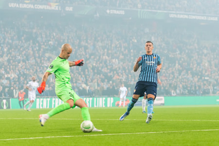 STOCKHOLM, SWEDEN - MAR 16 2023: Djurgardens IF (DIF) vs KSS Lech Poznan in the UEFA Europe Conference league at Tele2 arena in Stockholm. Final result 0-3のeditorial素材